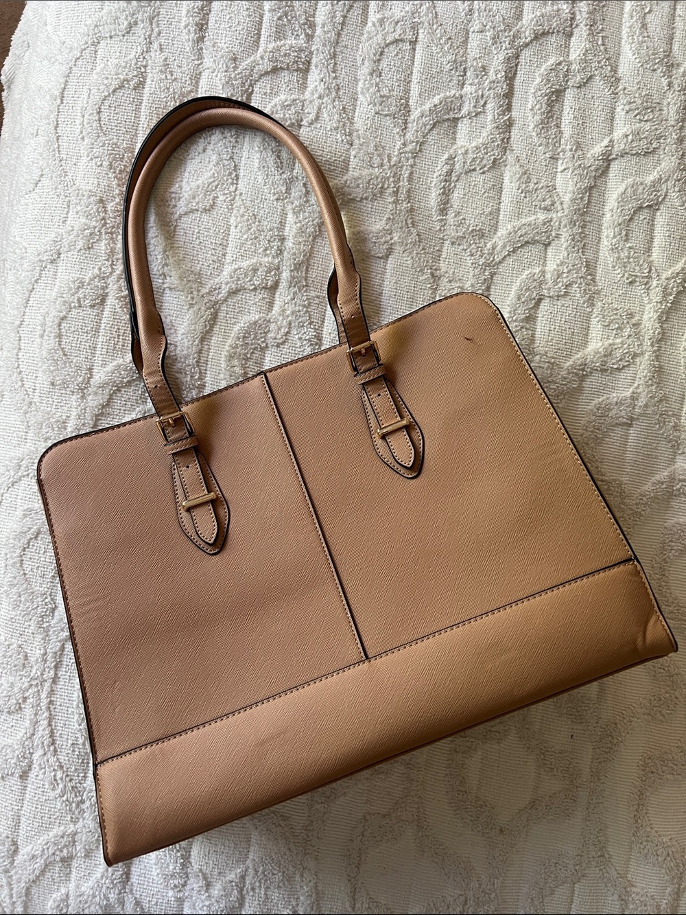 Structured Tan Leather Tote Bag laptop strap padded